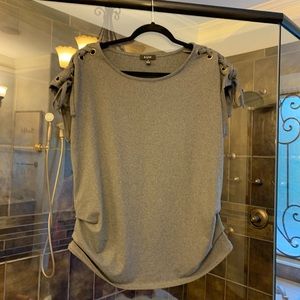 Dark grey short sleeve ladies stylish top w/ cute detail at the sleeve & bottom